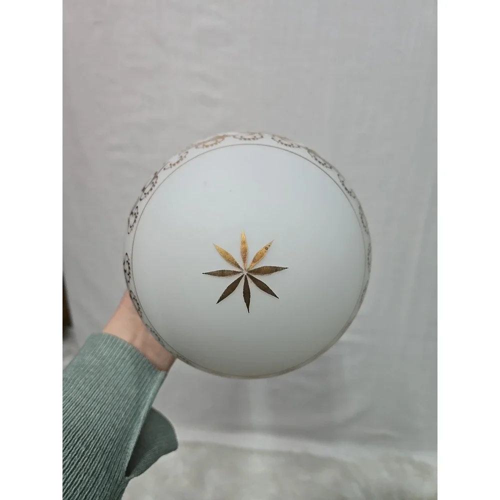 Vintage MCM White Glass Globe Shade Ceiling Light Gold Floral Leaf Design 6